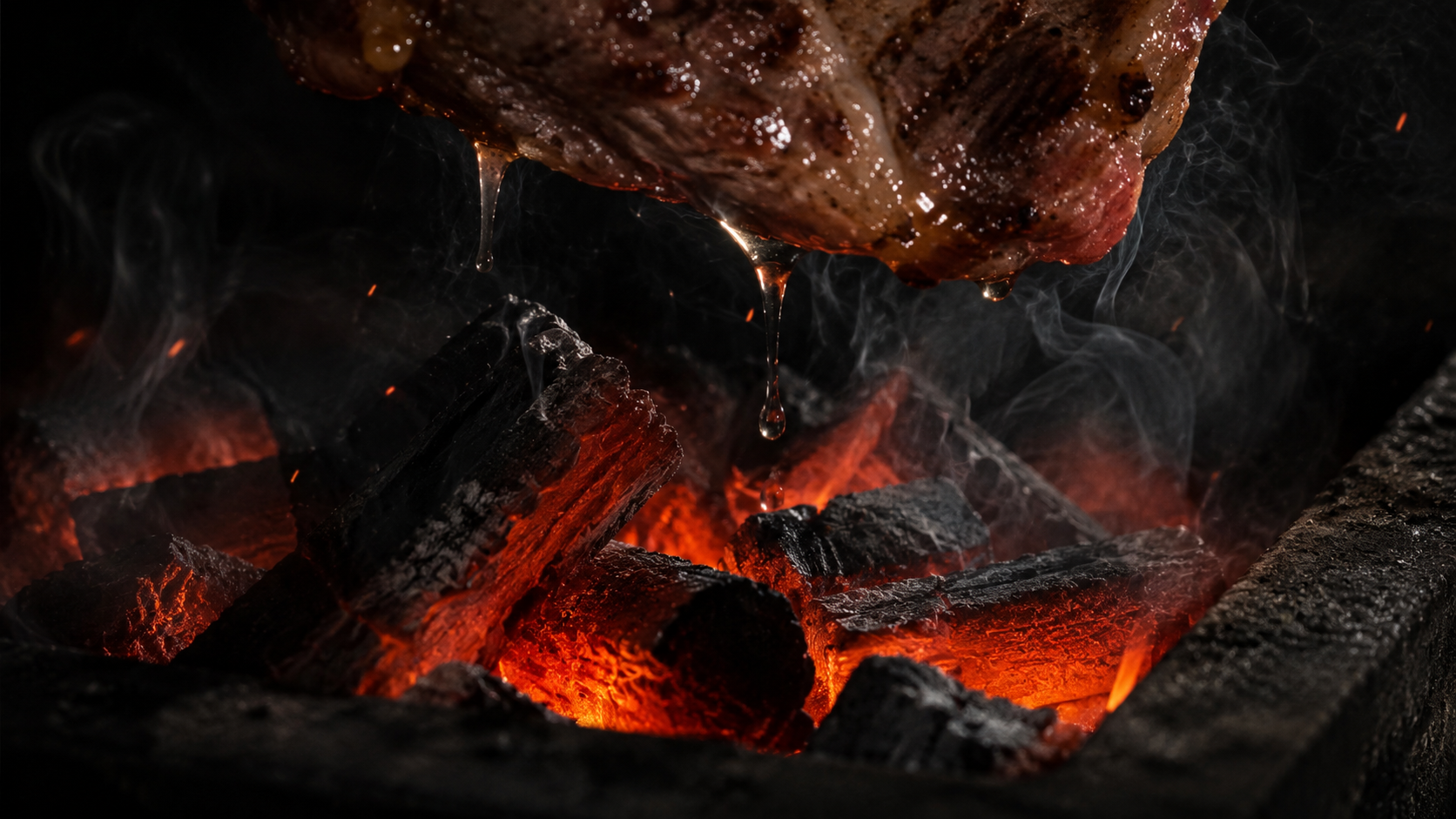 Charcoal grill, smoke, rendered fat