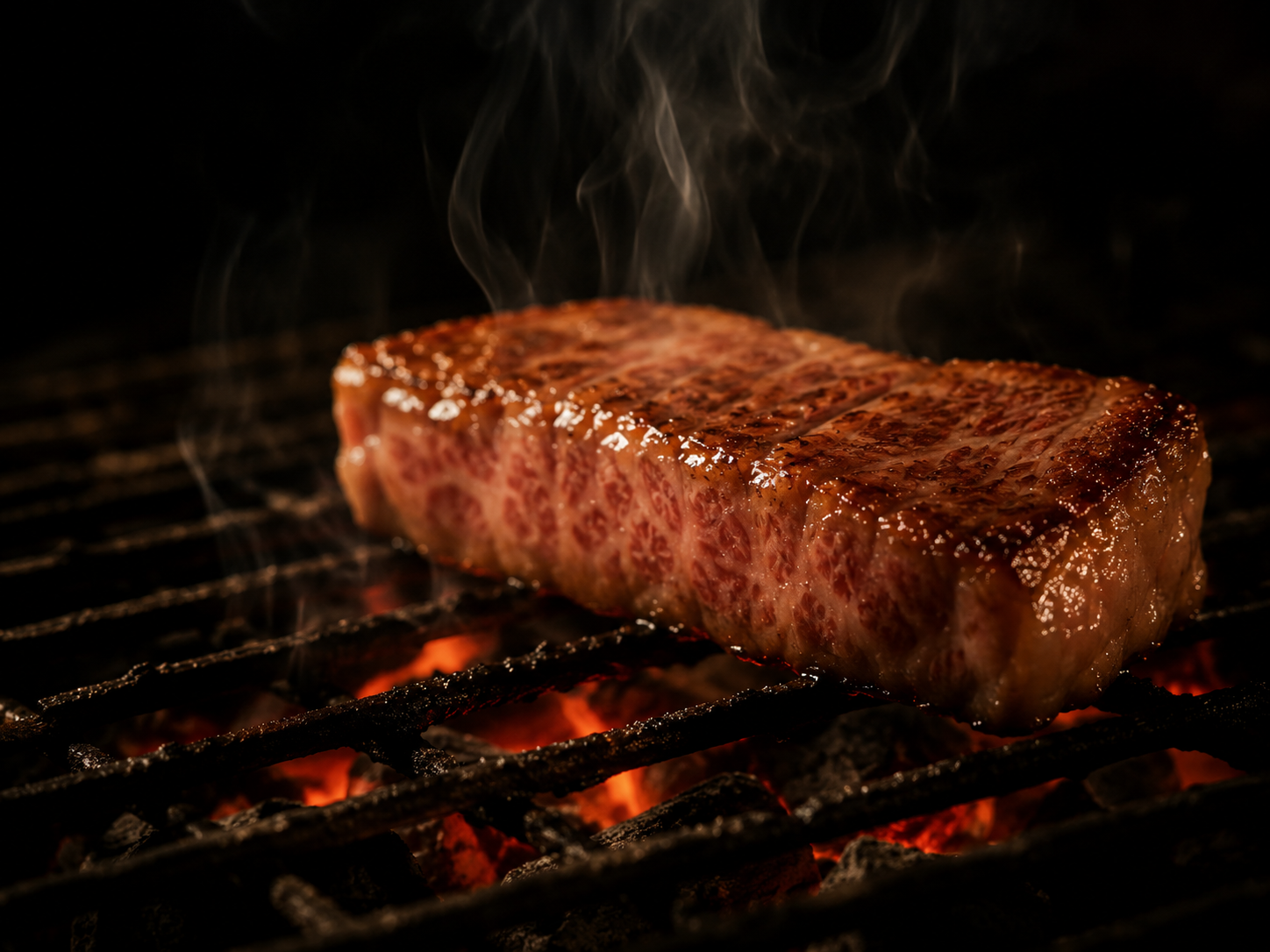 charcoal grill with Wagyu, smoke rising