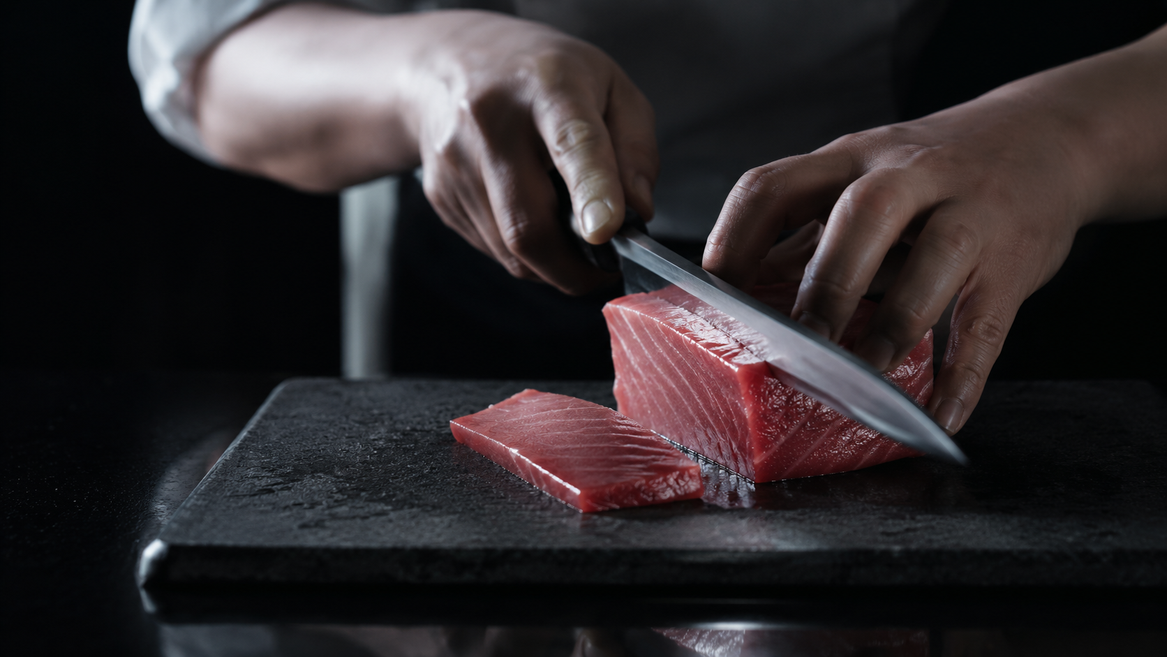 Knife slicing fish, rice, quiet hands